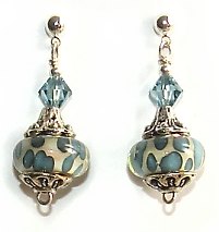 Blue and Ivory Lampwork Beads with Swarovski Crystal Earrings